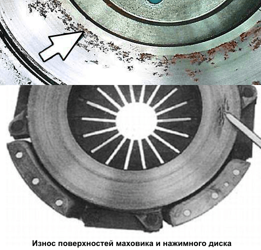 Следы износа на поверхностях маховика и нажимного диска